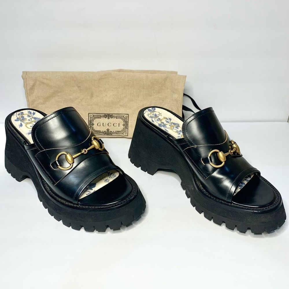 Gucci Cordovan Lux Womens Harald Horsebit Platform Slide Sandals Size 38, US 8
